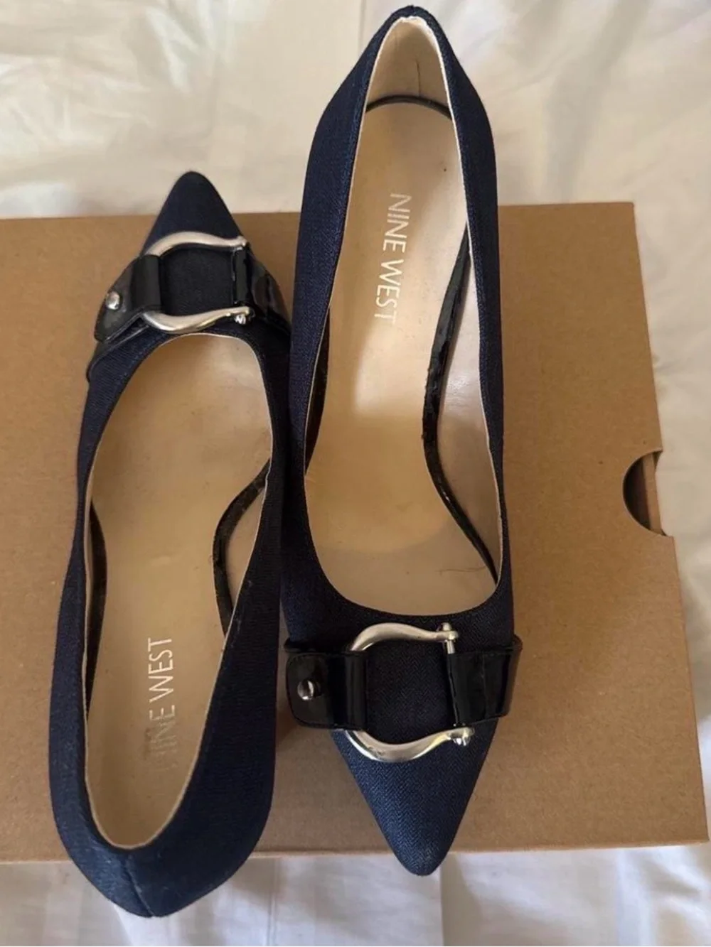 Nine West Women's Navy Pointed Toe Buckle Heels